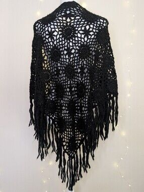 Y2K Black Crochet Shawl - Triangle Wrap With Fringe